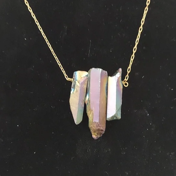 SOLD Raw Rainbow Aurora Quartz Crystal Neckace on 20" Goldtone Chain - Picture 4 of 5